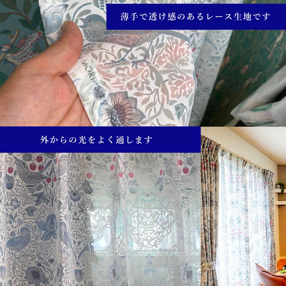 レースカーテン モリス柄 いちご泥棒 1.5倍ヒダ 透け感 薄手 ボタニカル 花柄 コットン イージーオーダー 柄 色 おしゃれ デザイン かわいい 日本製 幅100