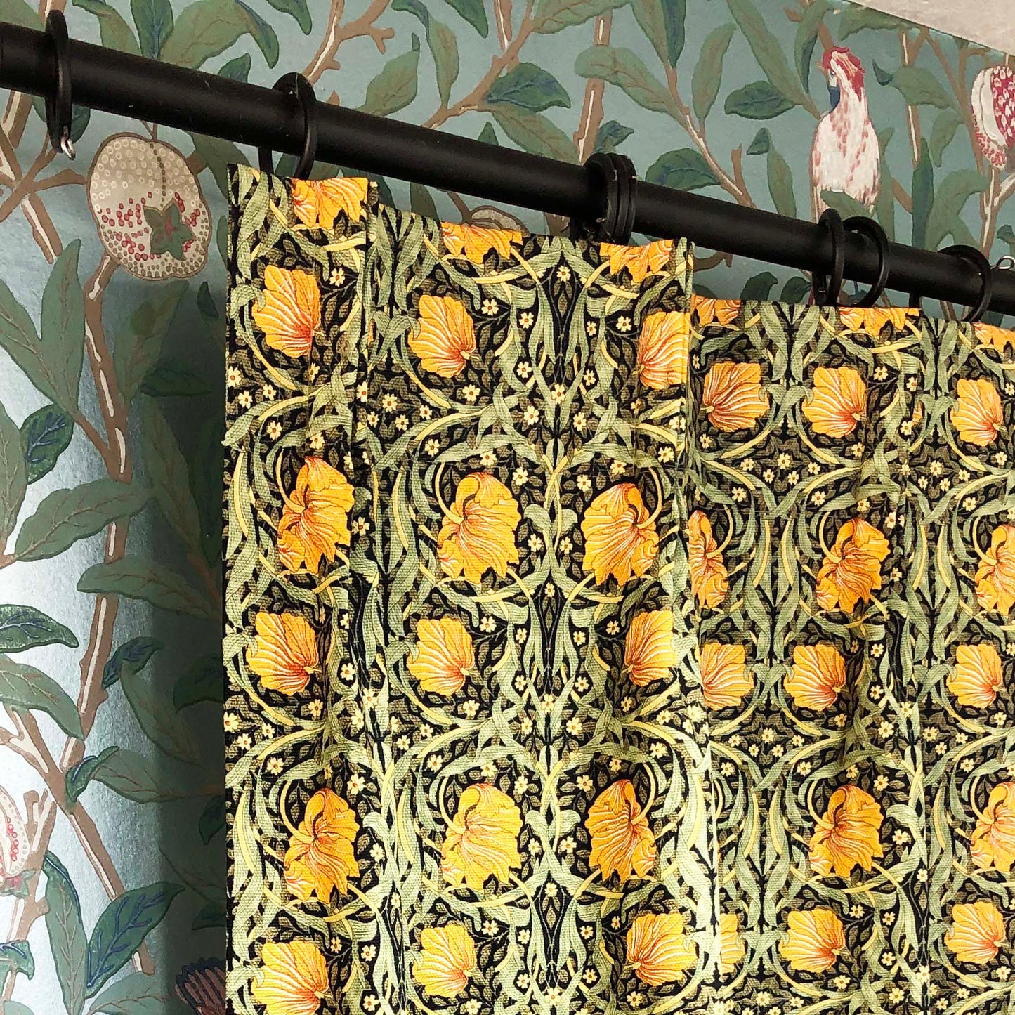 カーテン モリス柄  遮光 裏地付き 横幅100cm×2枚 選べる丈150cm 180cm 200cm ウィリアムモリス 2倍 3つ山ヒダ 花柄 コットン 既成 窓 フック付き